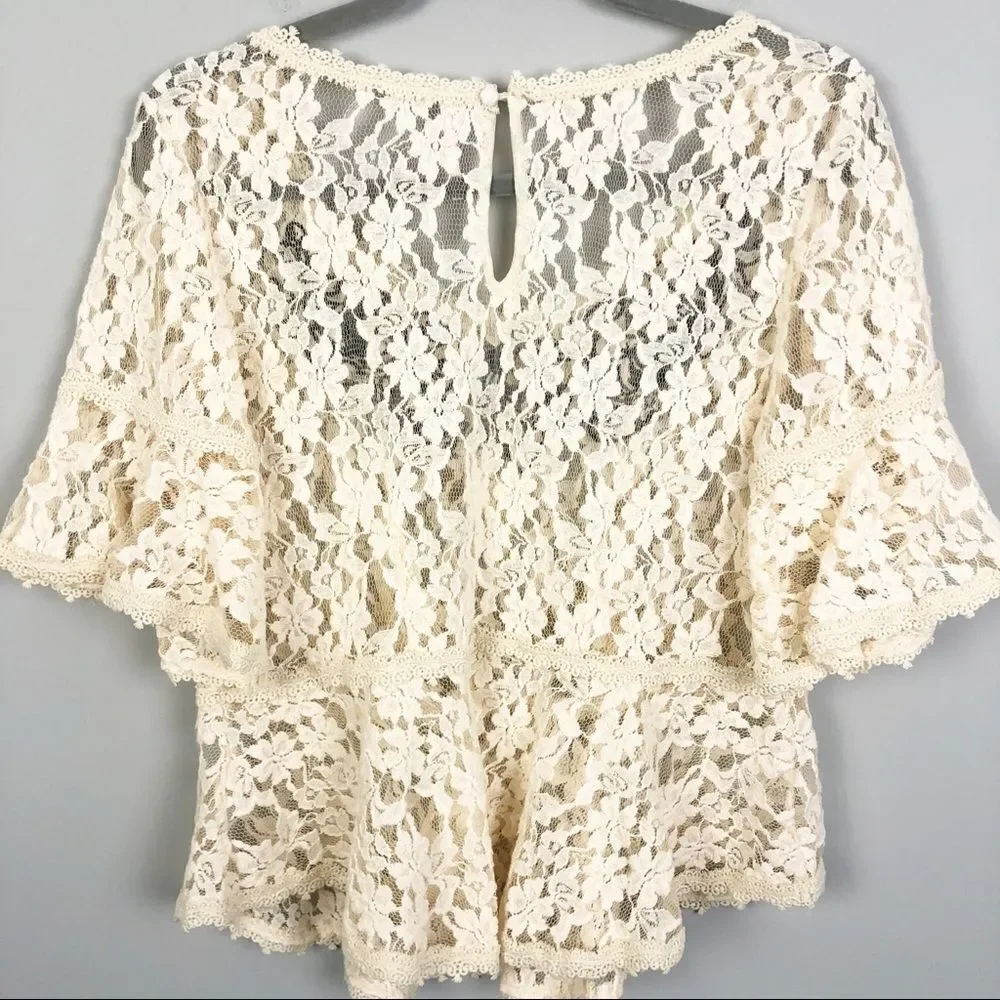 FREE PEOPLE | With Flair Cream Lace Peplum Top M